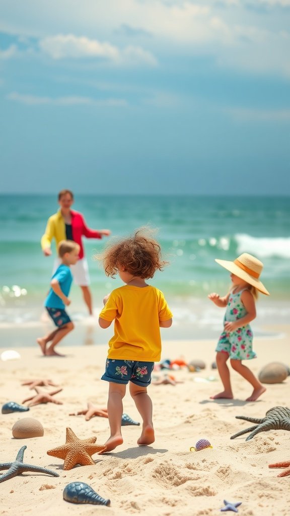 35 Magical Mermaid Party Ideas for an Under-the-Sea Celebration Children playing on the beach during a mermaid party with sand and seashells.