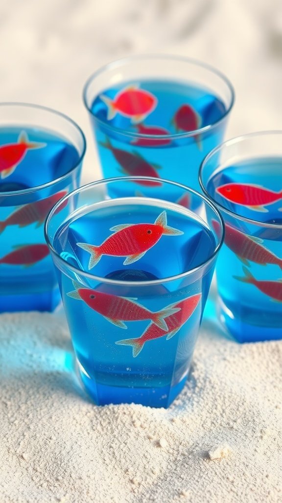 25 Creative Mermaid-Inspired Party Food Ideas Blue Jello cups with gummy fish for a mermaid party