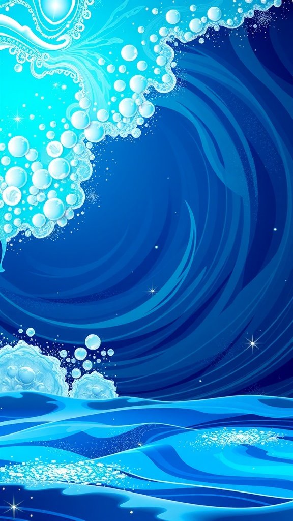 25 Stunning Mermaid Party Decoration Ideas for an Underwater Adventure An artistic ocean wave backdrop featuring varying shades of blue, bubbles, and sparkling stars