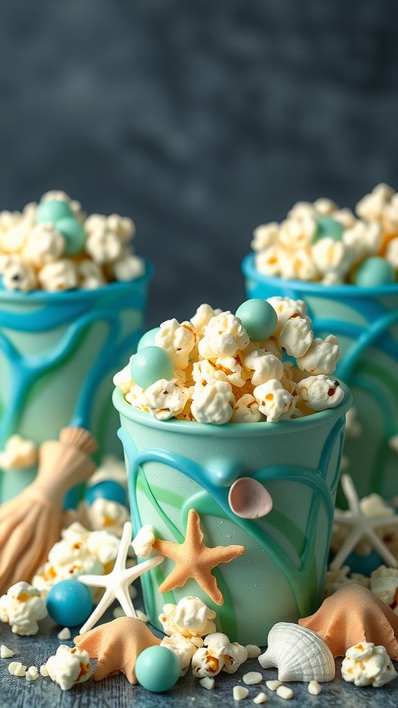 25 Creative Mermaid-Inspired Party Food Ideas Colorful popcorn in ocean-themed cups with seashells and candies