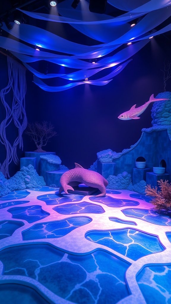 35 Magical Mermaid Party Ideas for an Under-the-Sea Celebration A vibrant underwater-themed party setup with blue lighting and ocean-like textures.