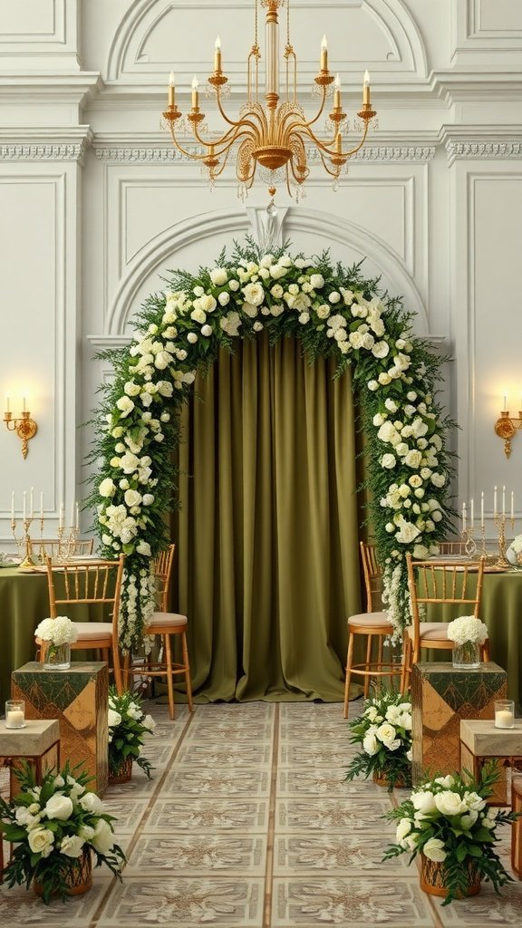 35 Stunning Olive Green Wedding Theme Color Schemes Wedding setup featuring olive green decorations, white flowers, and elegant chandeliers.