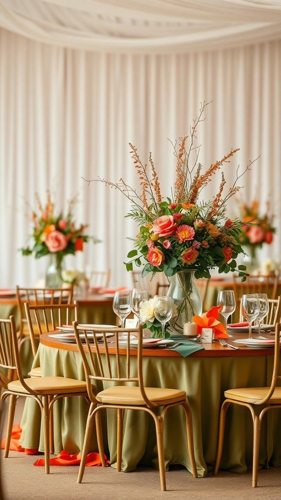 35 Stunning Olive Green Wedding Theme Color Schemes A wedding reception featuring olive green tablecloths and vibrant coral floral arrangements.