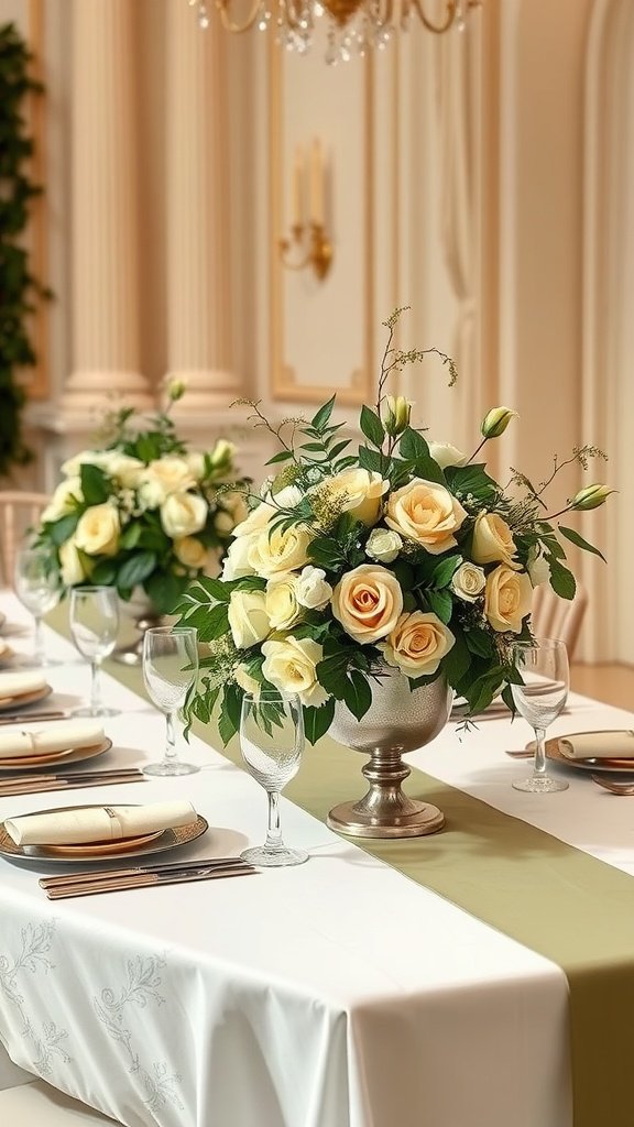 35 Stunning Olive Green Wedding Theme Color Schemes Elegant wedding table set with olive green and cream floral centerpieces
