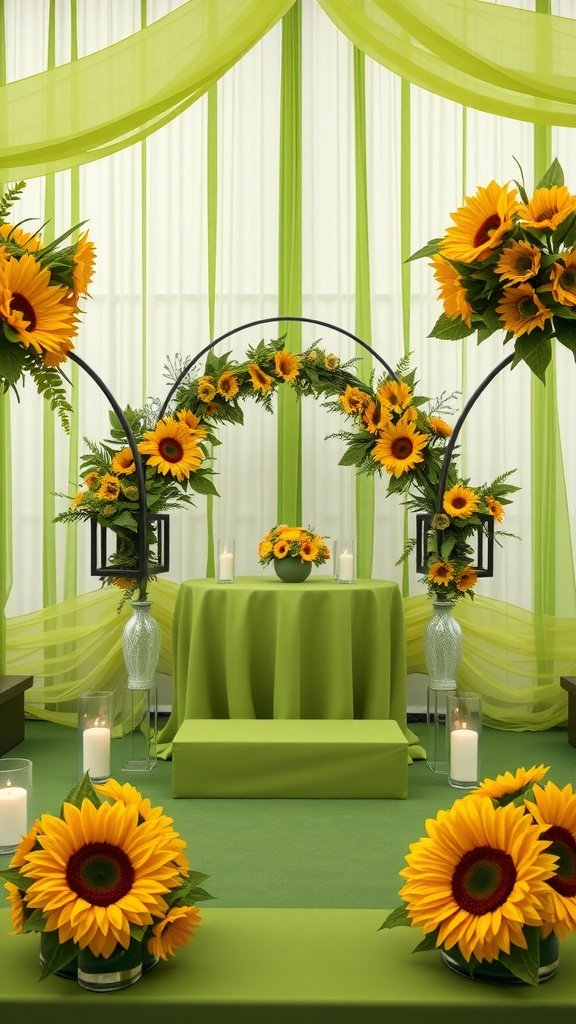 35 Stunning Olive Green Wedding Theme Color Schemes Wedding decor featuring olive green and bright sunflowers, showcasing a vibrant and inviting theme.
