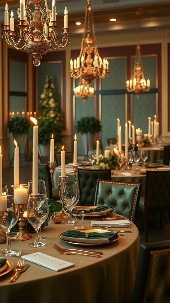 35 Stunning Olive Green Wedding Theme Color Schemes Elegant wedding reception with olive green and gold color scheme, featuring candles and fine dining setup.