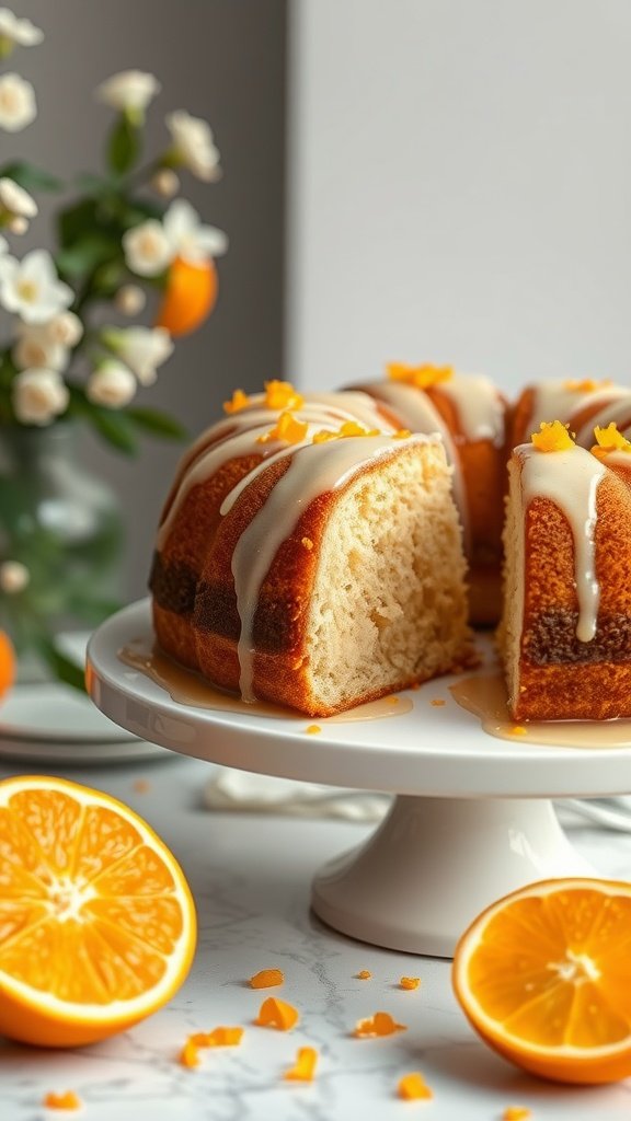 25 Irresistible Valentine’s Day Cake Ideas to Sweeten Your Celebration A beautifully decorated orange blossom cake on a stand, surrounded by fresh oranges and flowers.