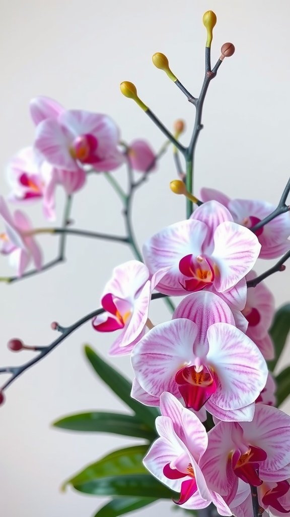 35 Enchanting Spring Wedding Flowers for Your Dream Celebration A close-up of pink and white orchids with green leaves.
