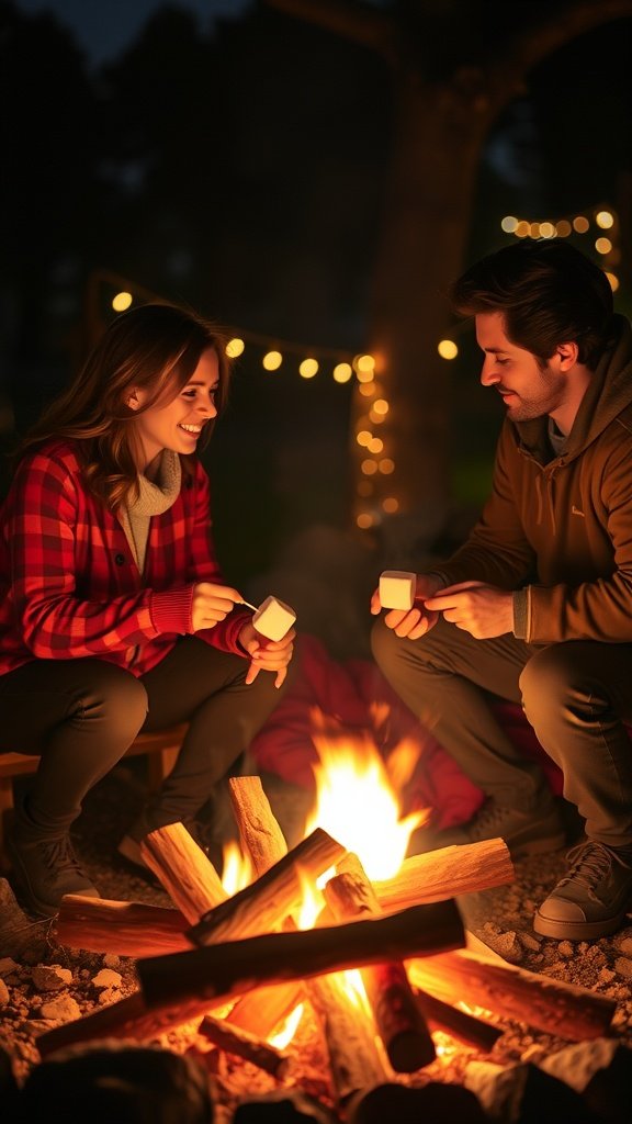 25 Creative Double Date Ideas That Will Spark Your Imagination! Couple roasting marshmallows over a bonfire, surrounded by glowing string lights.