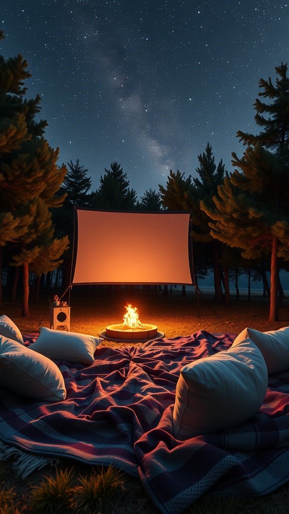 25 Creative Double Date Ideas That Will Spark Your Imagination! A cozy outdoor movie setup with a screen, fire pit, and pillows under a starry sky. Double Date Ideas