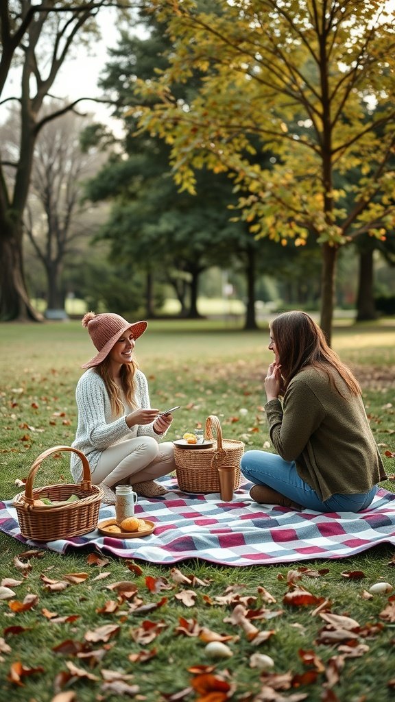 25 Creative Second Date Ideas That Will Leave a Lasting Impression (You’ll Love #8!) Two friends enjoying an outdoor picnic in a park, sitting on a checkered blanket surrounded by autumn leaves.