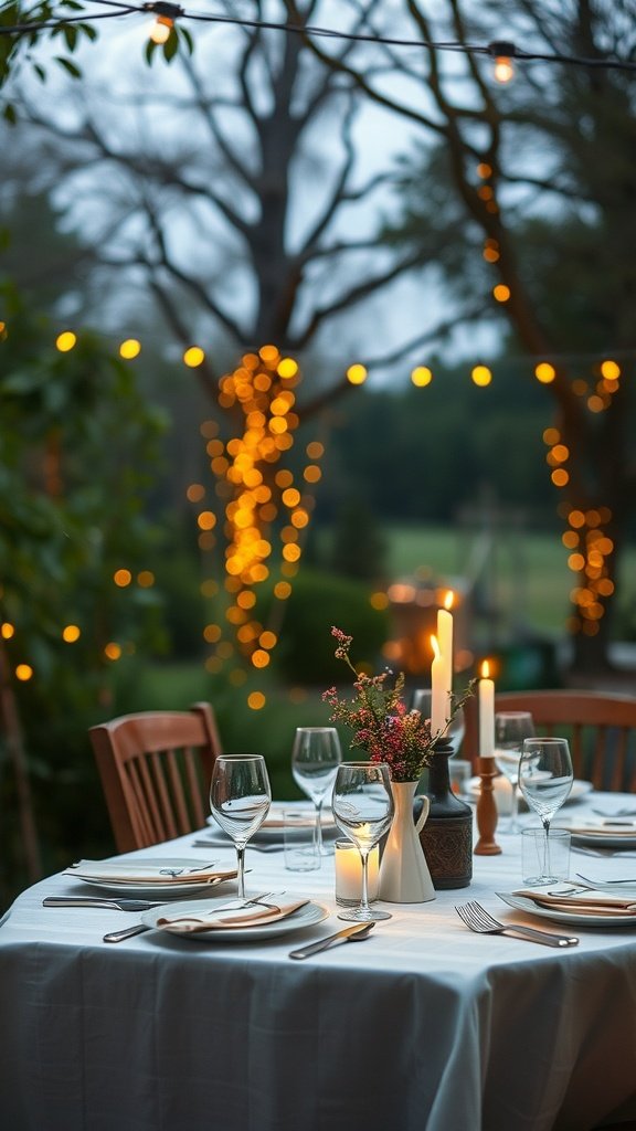 25 Stunning Valentines Table Decor Ideas That Will Make Your Dinner an Unforgettable Romance! A beautifully set outdoor table for Valentine's Day with string lights and a romantic vibe.