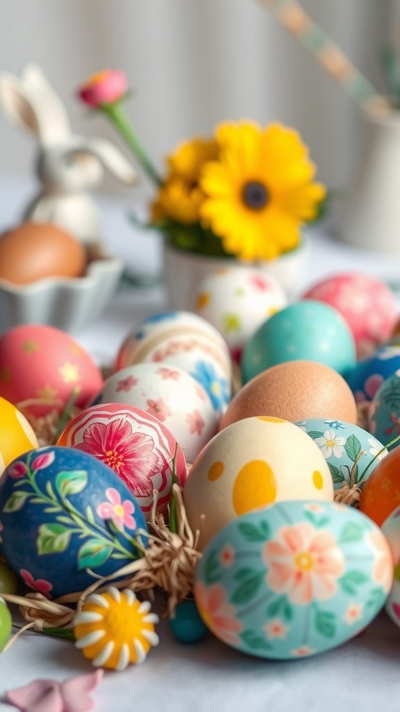 35 Easter Tablescape Ideas for a Festive Celebration A colorful display of painted Easter eggs surrounded by flowers and a bunny figurine.
