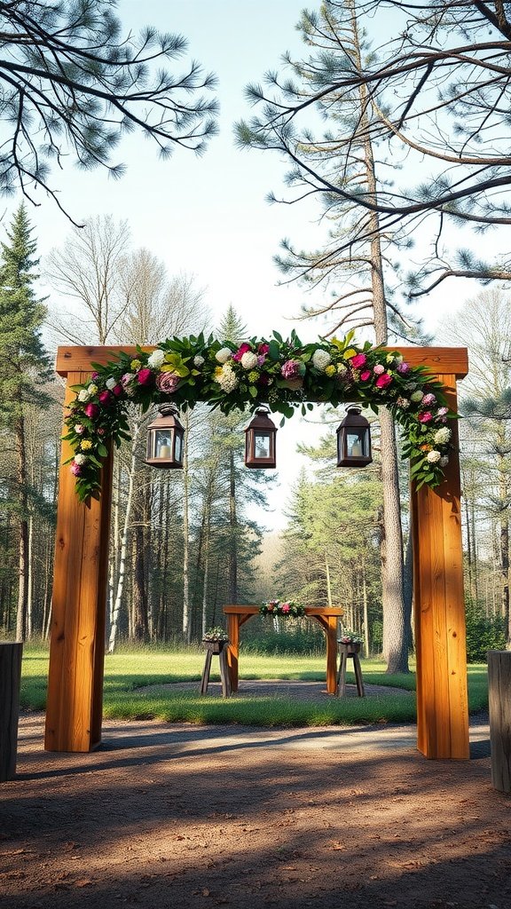 25 Unique Rustic Wedding Arch Ideas to Make Your Ceremony Unforgettable (Trust Us, #3 Is a Show-Stopper!) A rustic pallet wood wedding arch adorned with lanterns and flowers in a forest setting.