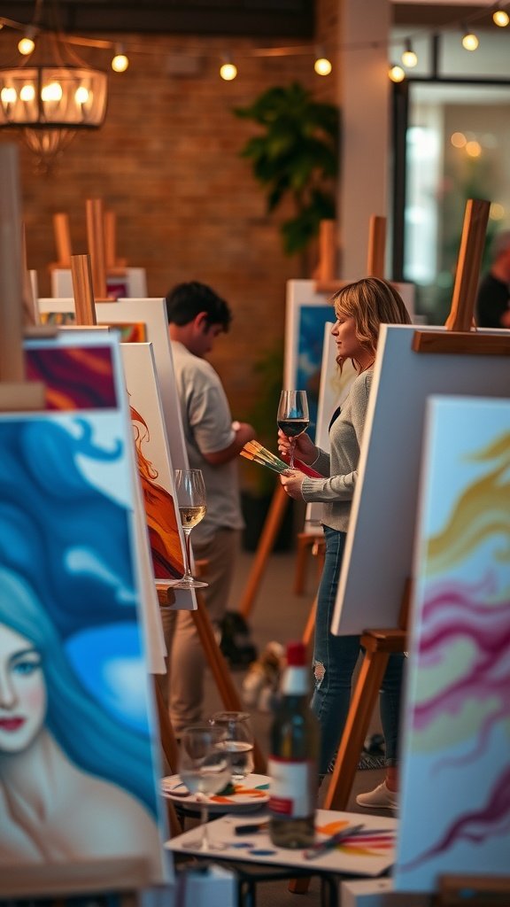 25 Creative Second Date Ideas That Will Leave a Lasting Impression (You’ll Love #8!) A wine and paint night with participants engaged in painting, showcasing creativity and enjoyment.