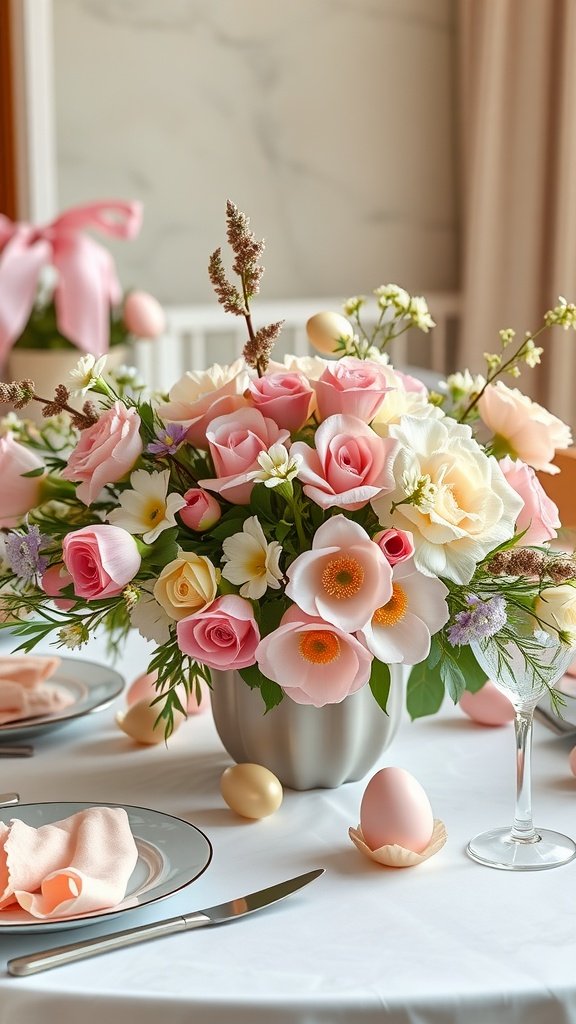 35 Easter Tablescape Ideas for a Festive Celebration A beautiful pastel floral centerpiece with roses and daisies on a white table, surrounded by pastel eggs.