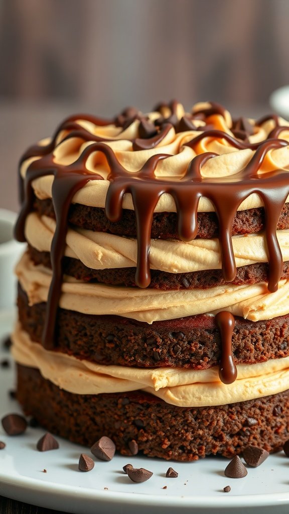 25 Irresistible Valentine’s Day Cake Ideas to Sweeten Your Celebration A tall Peanut Butter Chocolate Cake with layers of chocolate and peanut butter frosting, topped with chocolate ganache and chocolate chips.