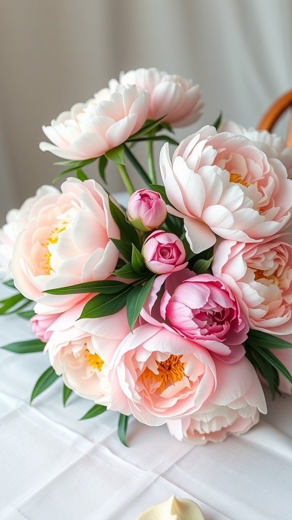 35 Enchanting Spring Wedding Flowers for Your Dream Celebration A close-up of a bouquet featuring various pink peonies, with soft petals and green leaves on a white table.