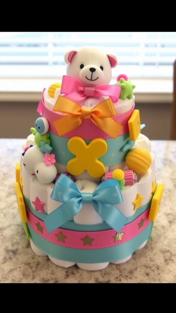 25 Creative Mini Diaper Cake Ideas for Baby Showers A colorful mini diaper cake decorated with ribbons and cute animal figures.