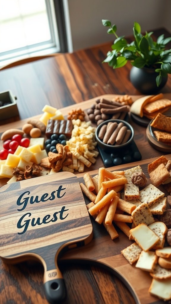 35 Stunning Grazing Table Ideas That Will Wow Your Guests (You Won't Believe #12!) A personalized grazing board filled with various snacks, including cheese, crackers, and sweets, with a wooden board labeled 'Guest Guest.'