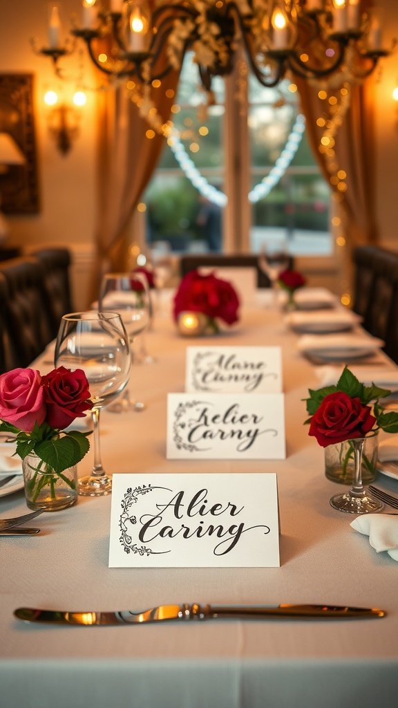 25 Stunning Valentines Table Decor Ideas That Will Make Your Dinner an Unforgettable Romance! Elegant table setting for Valentine's Day with personalized place cards and roses