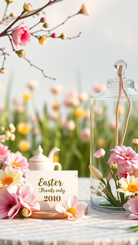 35 Charming Easter Tea Party Ideas for a Festive Celebration A beautifully arranged Easter thank you note with flowers and a teapot in a garden setting.