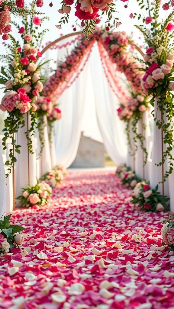 35 Enchanting Spring Wedding Flowers for Your Dream Celebration A wedding walkway adorned with pink and white flower petals, framed by elegant floral arrangements.