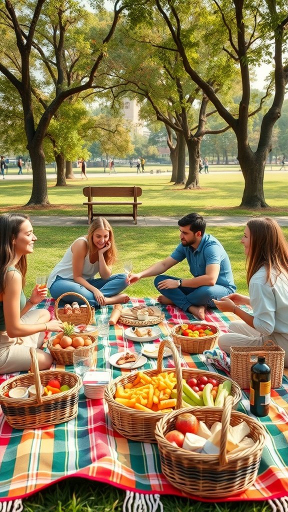 25 Creative Double Date Ideas That Will Spark Your Imagination! Friends enjoying a picnic at the park with food and drinks. Double Date Ideas