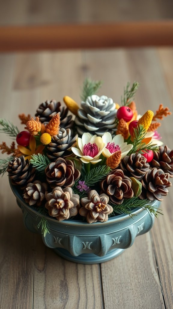 35 Stunning Fall Wedding Flowers That Will Make Your Guests Swoon! A beautiful arrangement of pinecones and colorful flowers in a decorative bowl.