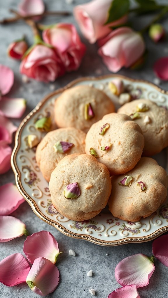 25 Delightful Easter Tea Party Cookies to Impress Your Guests Pistachio and rose water cookies on a decorative plate with rose petals