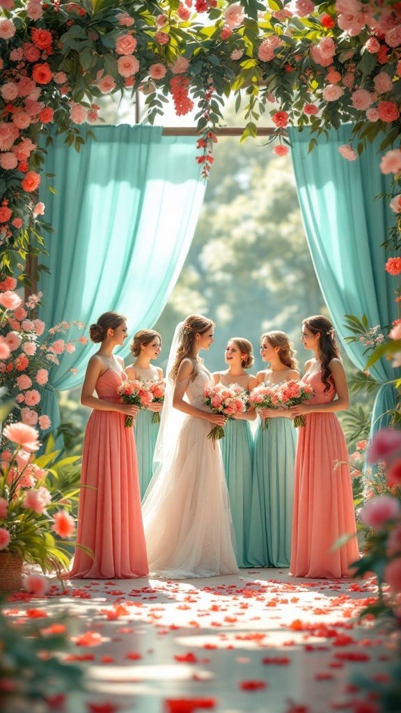 25 Beautiful Spring Wedding Color Palettes to Inspire Your Big Day Bridesmaids in coral and aqua dresses at a spring wedding with floral decorations