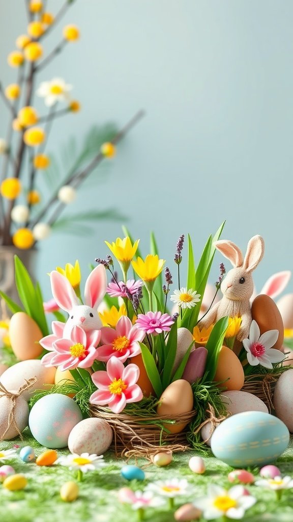 35 Easter Tablescape Ideas for a Festive Celebration A colorful Easter table centerpiece featuring flowers, decorative eggs, and bunny figures.