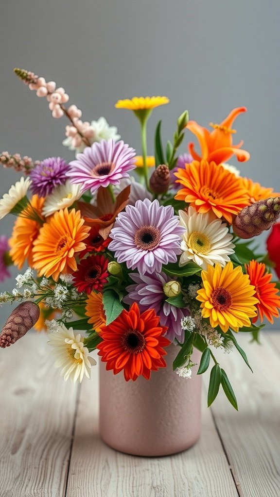 35 Wedding Winter Flower Bouquets That Will Make Your Heart Skip a Beat (Don't Miss #9!) A vibrant winter flowers bouquet featuring orange, purple, and yellow blooms arranged in a pink vase.
