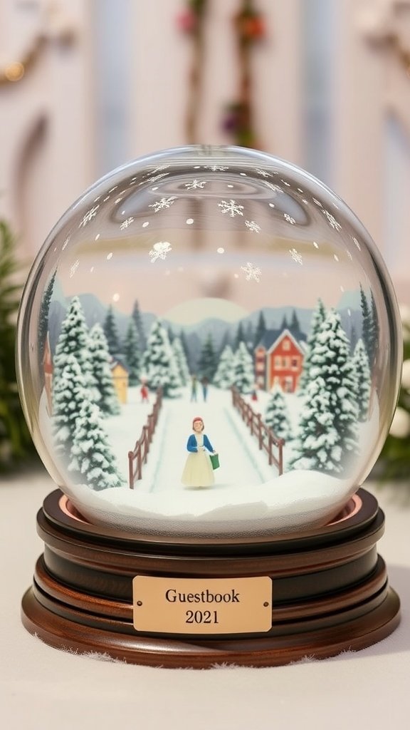 35 Enchanting Ideas for a Magical Winter Wedding A decorative snow globe acting as a guestbook for a winter wedding, featuring a snowy landscape with a house and trees.