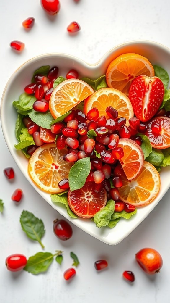 35 Irresistible Valentine’s Day Food Ideas to Celebrate Your Love Pomegranate and citrus salad in a heart-shaped bowl with fresh greens and colorful fruits. Valentine’s Day Food Ideas