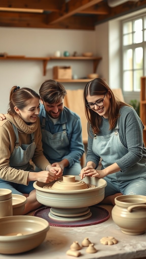 25 Creative Double Date Ideas That Will Spark Your Imagination! A pottery making workshop with three individuals happily working on clay.