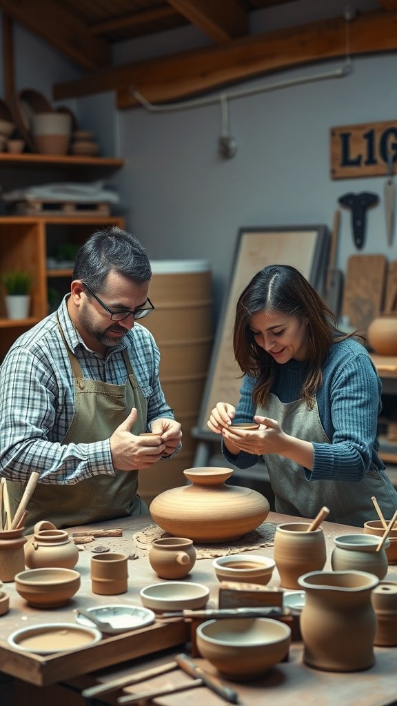 25 Creative Second Date Ideas That Will Leave a Lasting Impression (You’ll Love #8!) A couple enjoying a pottery workshop, shaping clay pieces together.