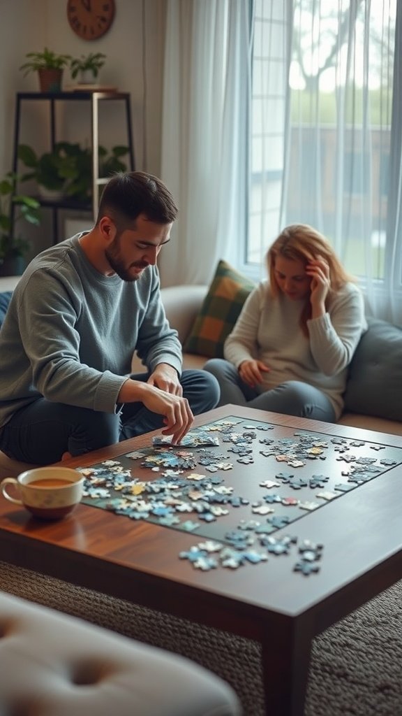 25 Cozy Indoor Date Ideas That'll Ignite the Spark (Prepare for Romance!) Couple enjoying a puzzle challenge on a cozy evening. Indoor Date Ideas