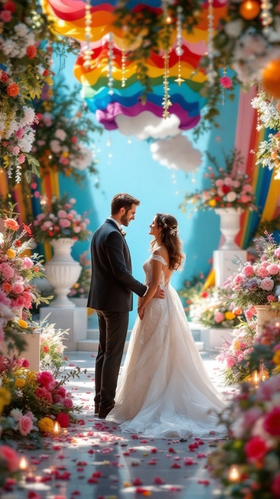 25 Beautiful Spring Wedding Color Palettes to Inspire Your Big Day A couple stands together in a vibrant wedding setting featuring colorful flowers and rainbow decorations.