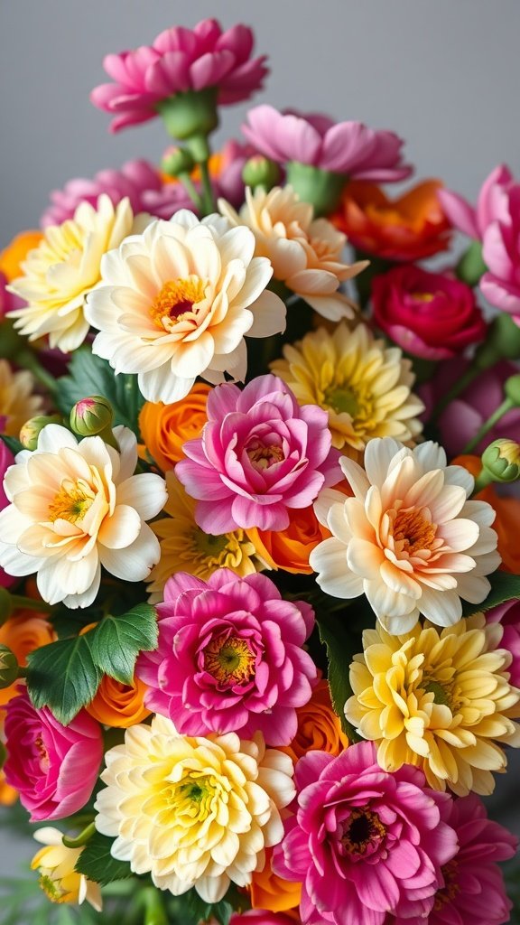 35 Enchanting Spring Wedding Flowers for Your Dream Celebration A vibrant bouquet of ranunculus flowers in shades of pink, yellow, and white