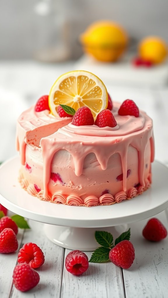 25 Irresistible Valentine’s Day Cake Ideas to Sweeten Your Celebration A beautifully decorated Raspberry Lemonade Cake topped with fresh raspberries and a lemon slice, sitting on a white cake stand.