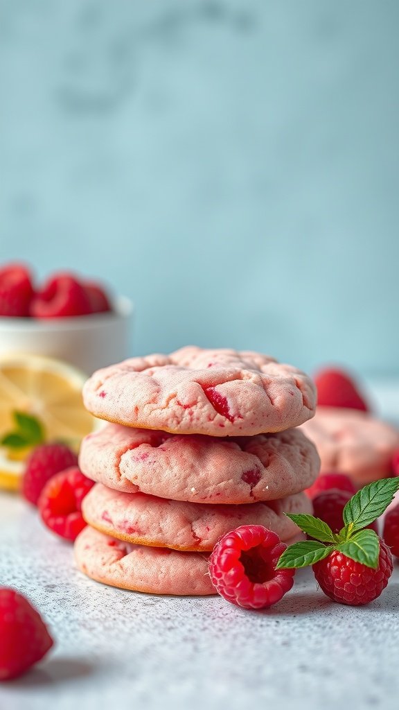 25 Delightful Easter Tea Party Cookies to Impress Your Guests A stack of soft raspberry lemonade cookies, decorated with fresh raspberries and lemon slices, perfect for an Easter tea party.