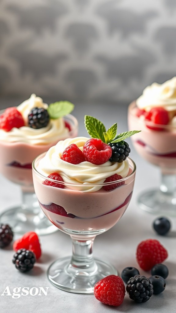 35 Irresistible Valentine’s Day Food Ideas to Celebrate Your Love Delicious raspberry mousse cups topped with whipped cream and fresh berries.