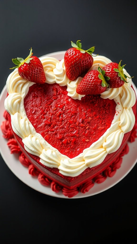 25 Irresistible Valentine’s Day Cake Ideas to Sweeten Your Celebration A beautifully decorated Red Velvet Heart Cake topped with strawberries and cream frosting.