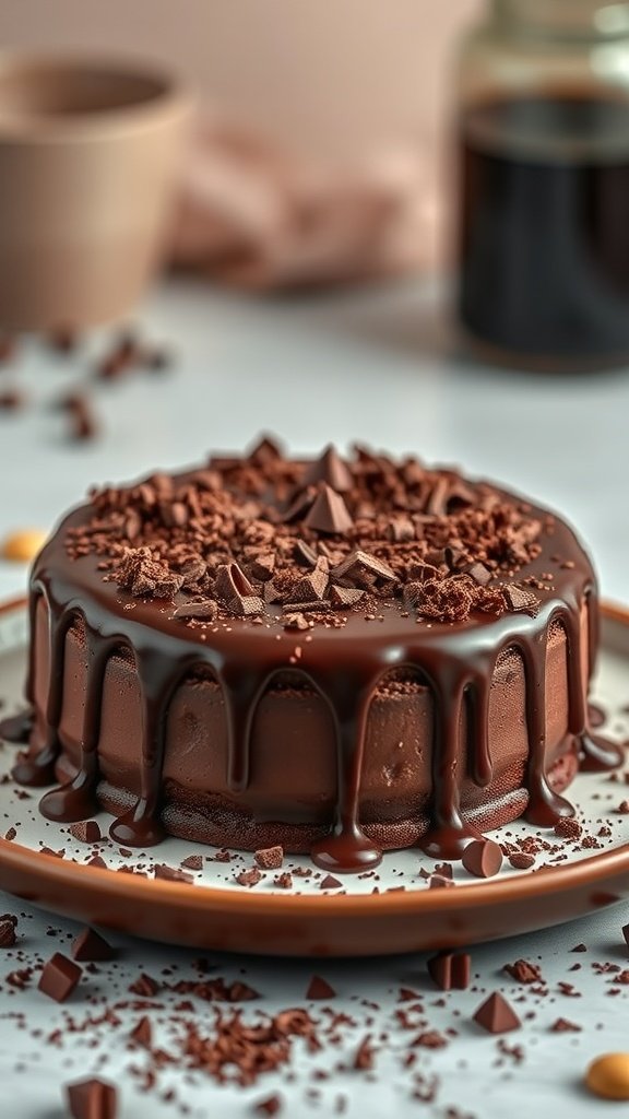 25 Irresistible Valentine’s Day Cake Ideas to Sweeten Your Celebration A rich Red Wine Chocolate Cake with a glossy chocolate glaze and chocolate shavings on top, set on a white plate with a blurred background