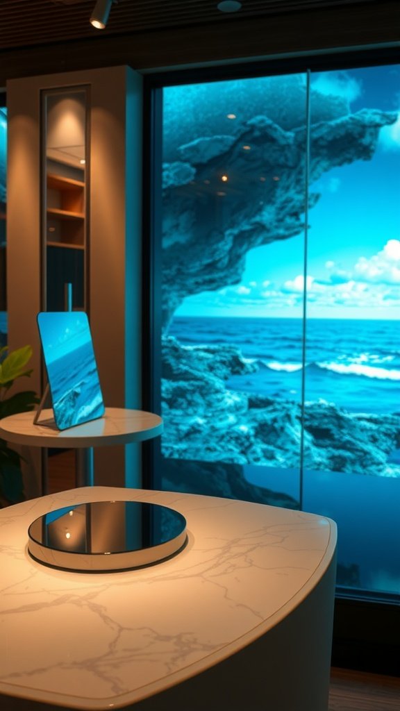 25 Stunning Mermaid Party Decoration Ideas for an Underwater Adventure A modern table with a round mirror on top, reflecting ocean-themed decor and scenery.