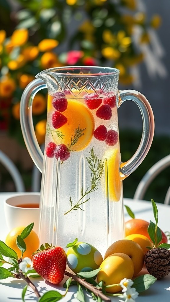 35 Charming Easter Tea Party Ideas for a Festive Celebration A pitcher of fruit infused water with raspberries, lemons, and strawberries, surrounded by Easter eggs and flowers.