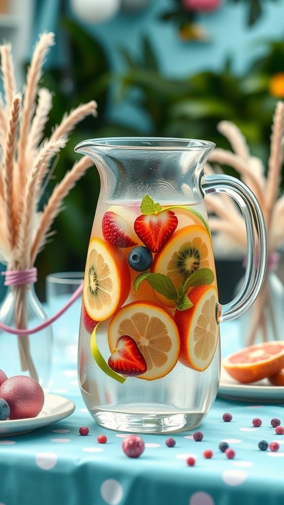 35 Magical Mermaid Party Ideas for an Under-the-Sea Celebration A pitcher of fruit-infused water with lemon, strawberries, and mint, set on a table with a blue polka dot tablecloth.