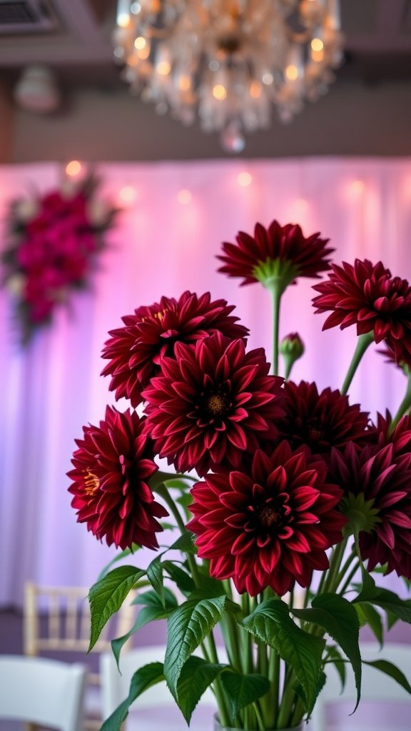 35 Stunning Fall Wedding Flowers That Will Make Your Guests Swoon! A stunning arrangement of rich burgundy dahlias in a vase, set against a softly lit backdrop.