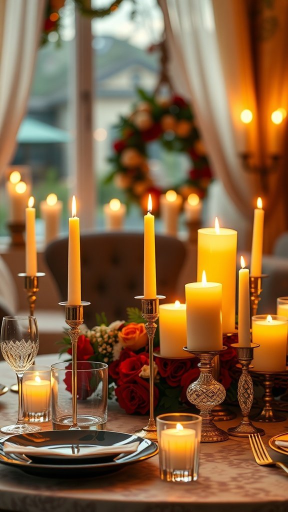 25 Stunning Valentines Table Decor Ideas That Will Make Your Dinner an Unforgettable Romance! A beautifully arranged table for Valentine's Day, featuring candles of different heights and red roses. Valentines Table Decor